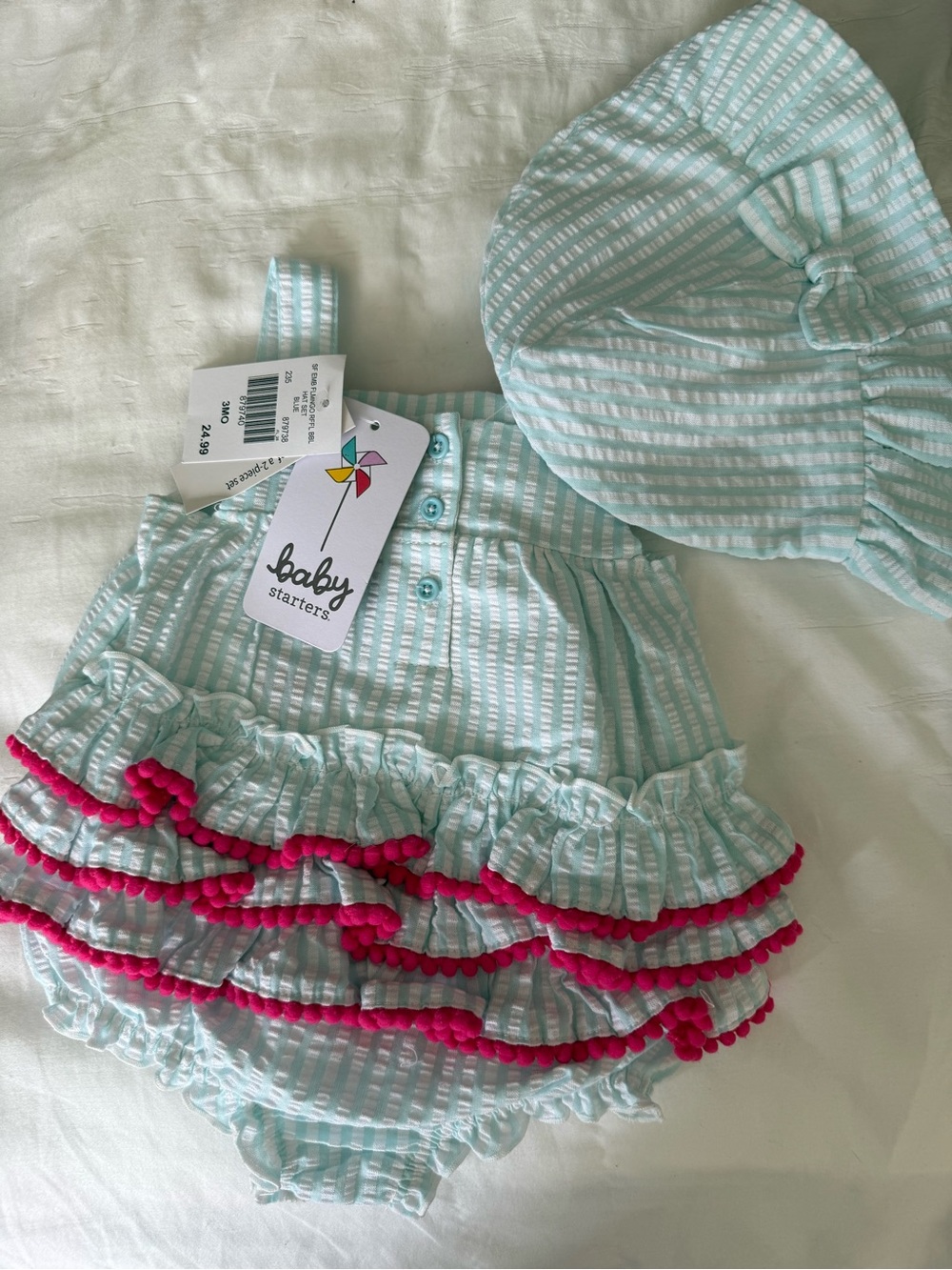 Baby Starters Mint Striped Ruffle Sunsuit Flamingo with Matching Hat NWT